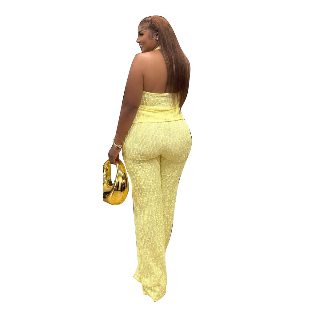 Women Casual Jacquard Sleeveless Slim Fit Pants Set