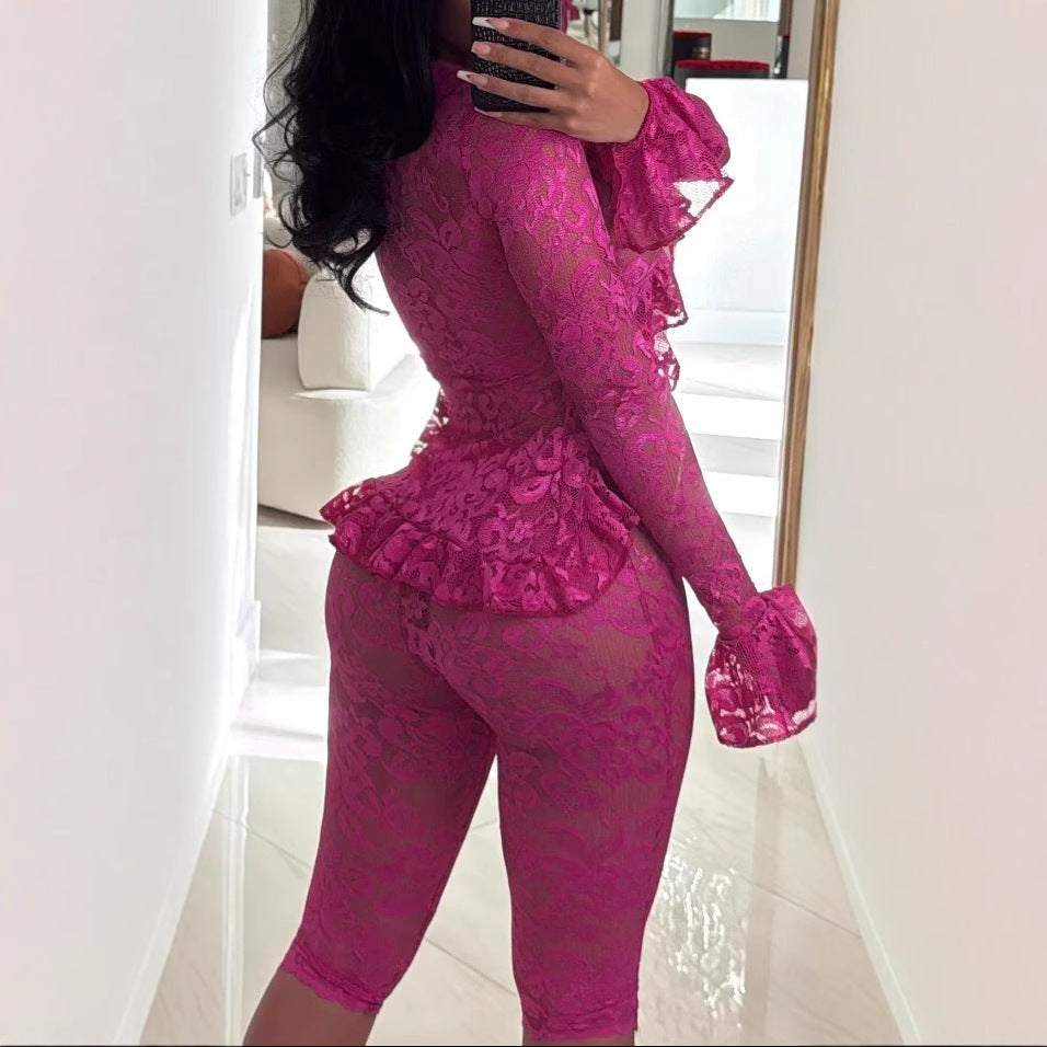 Spring Women'S Sexy Solid Color Hollow Lace Two-Piece Shorts Set