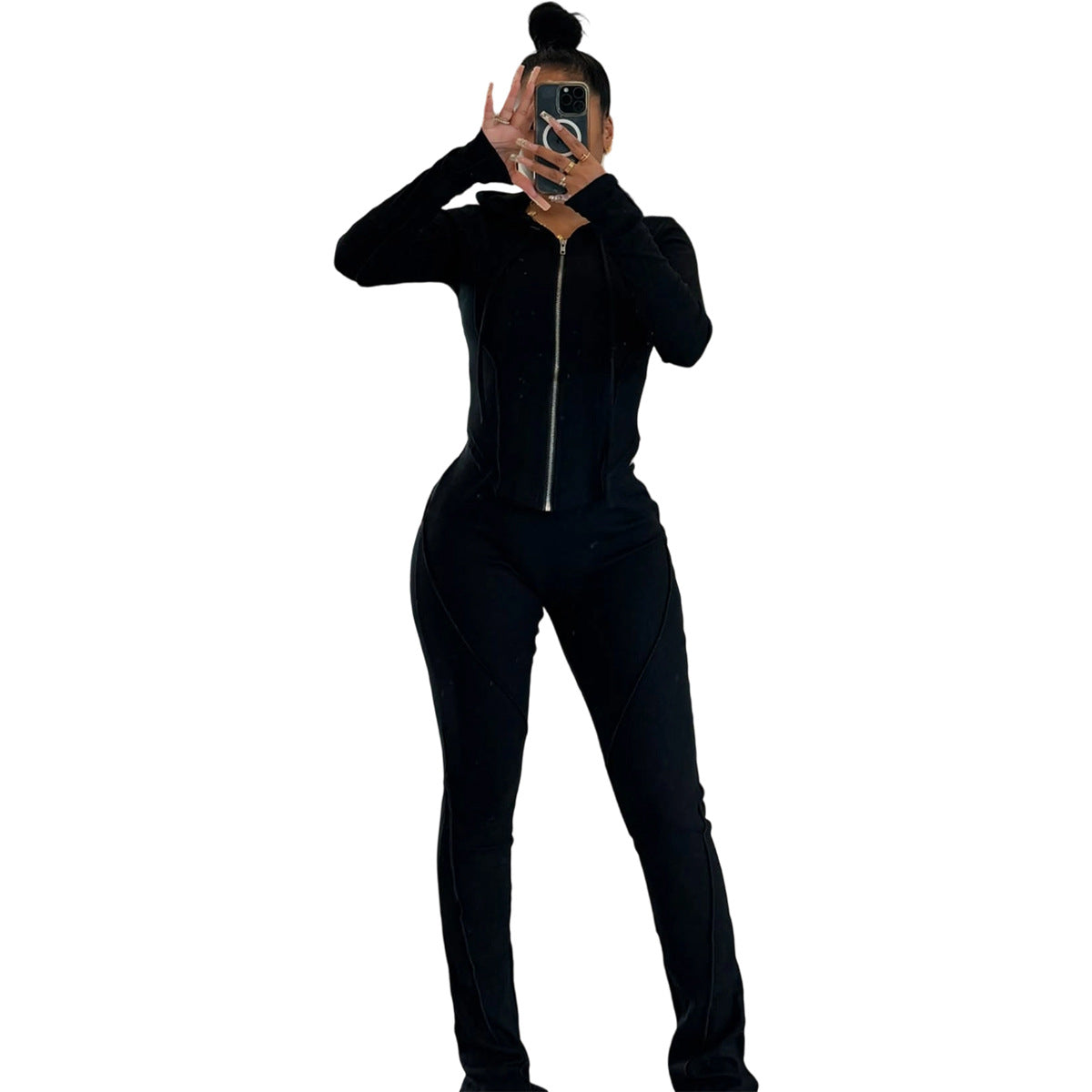 Women Autumn/Winter Ribbed Patchwork Casual Top And Pant Two-Piece Set