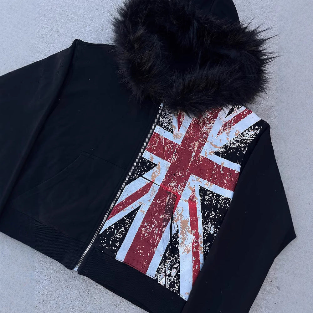 Fur Collar Printed Zipper Sweater Long Sleeve Pullover Hoodie Vintage Coat