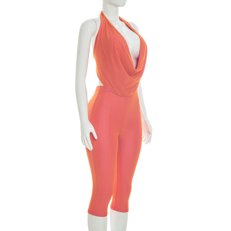 Women Fitted Cowl Neck Halter Neck Low Back Top Tight Fitting Capri Pants Two-Tone Set