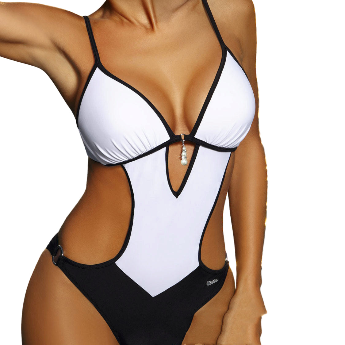 Women's White & Black Bikini Swimsuit - Solid Color Two-Piece Beach Suit