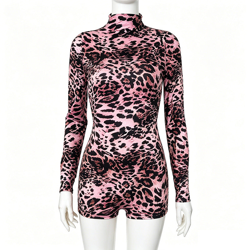 Women Sexy Round Neck Long-Sleeve Leopard Print Bodysuit