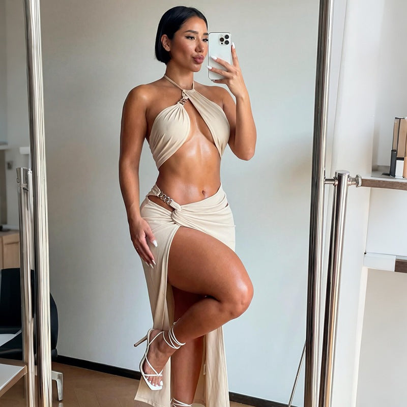 Women Summer Sexy Halter Neck Top and Slit Skirt Two-Piece Set