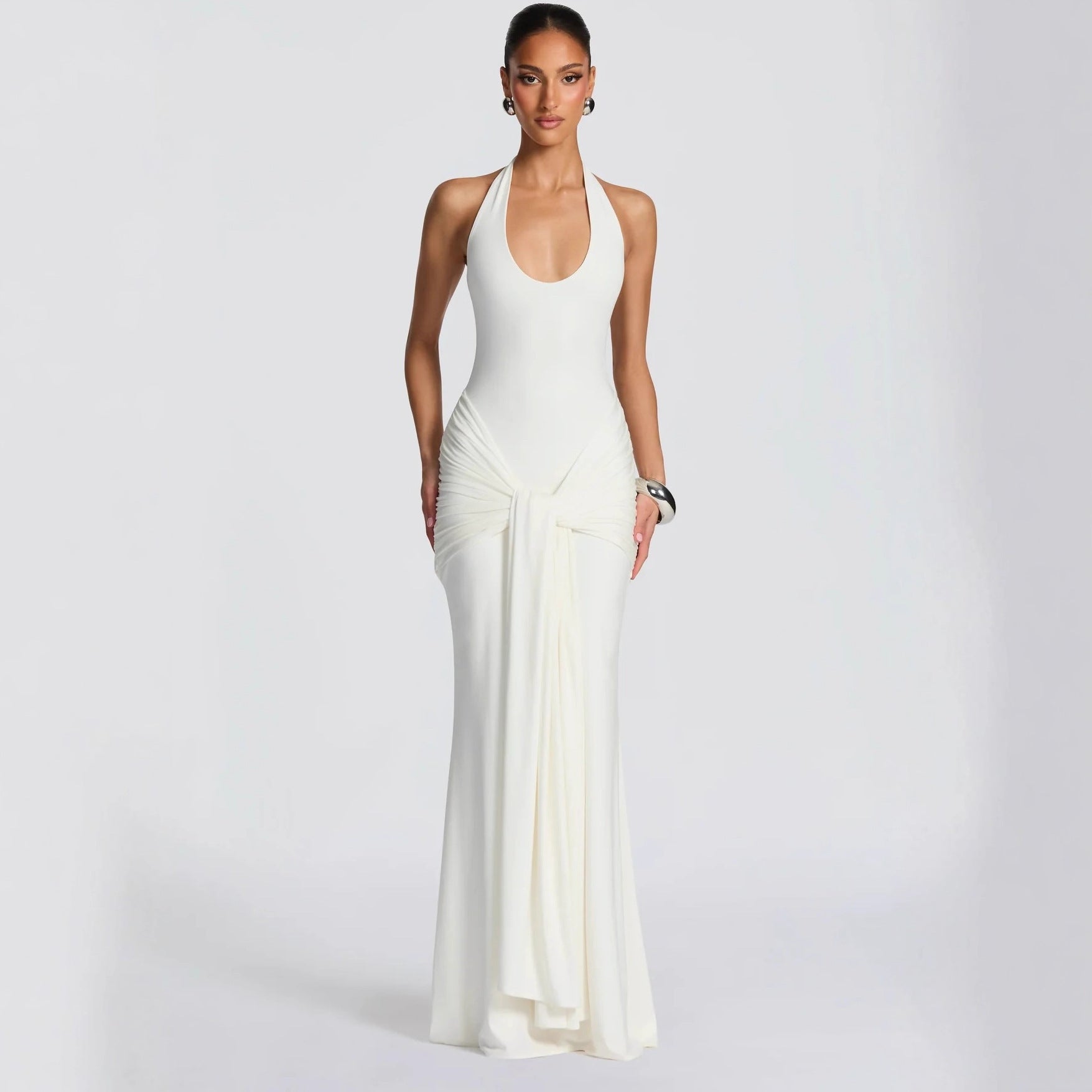 Spring Women U Neck Halter Neck Ribbon Patchwork Bodycon Long Dress