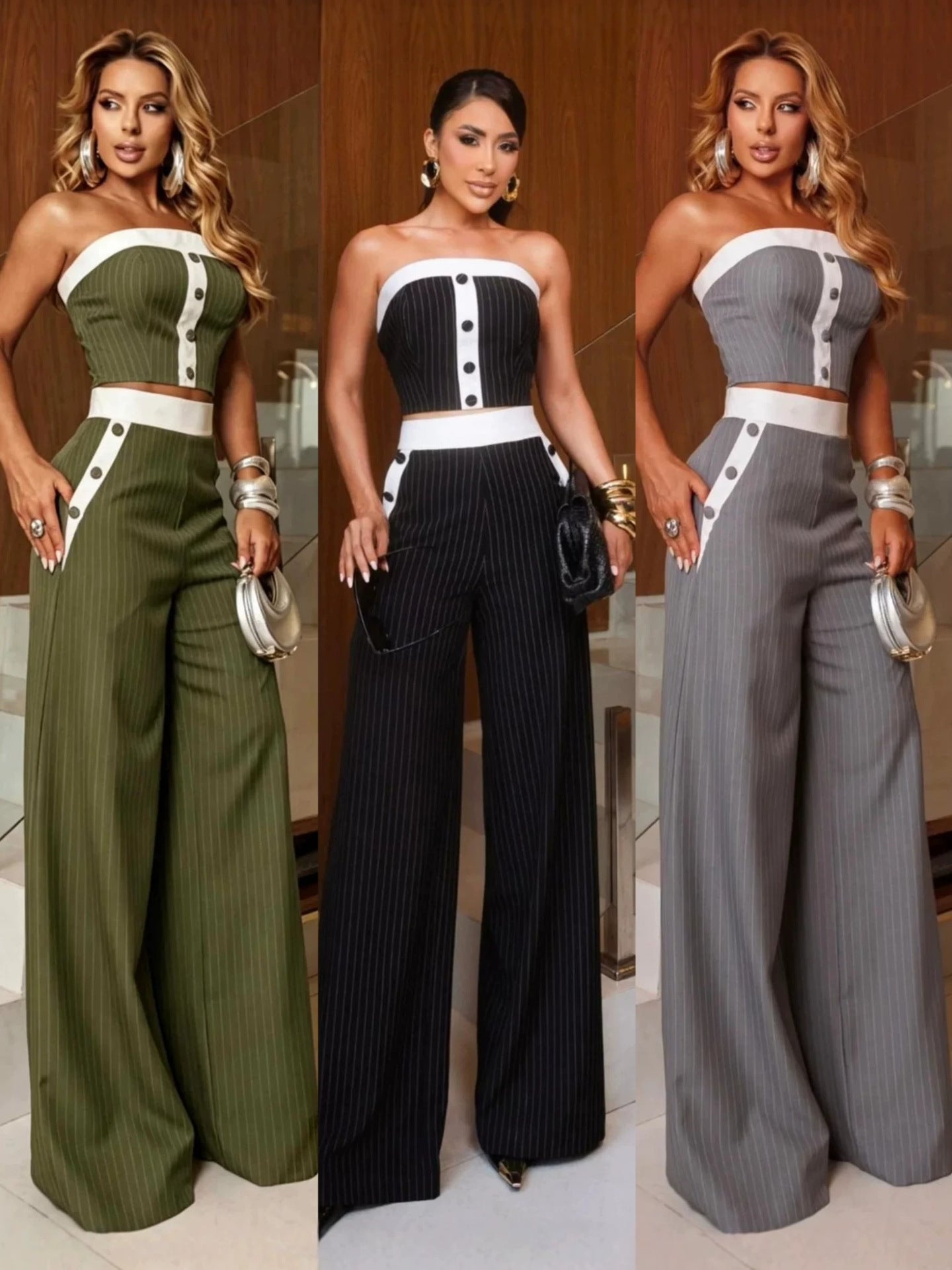 Summer Women Strapless Striped Pants Set Sexy Fashion Two-Piece Set
