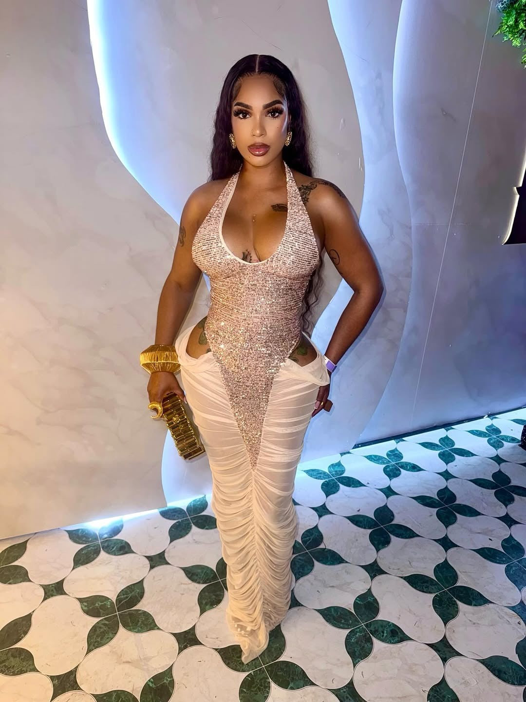 Sexy Elegant High Split Mesh Patchwork Ruched Sequin Lace-Up Halter Neck Evening Dress
