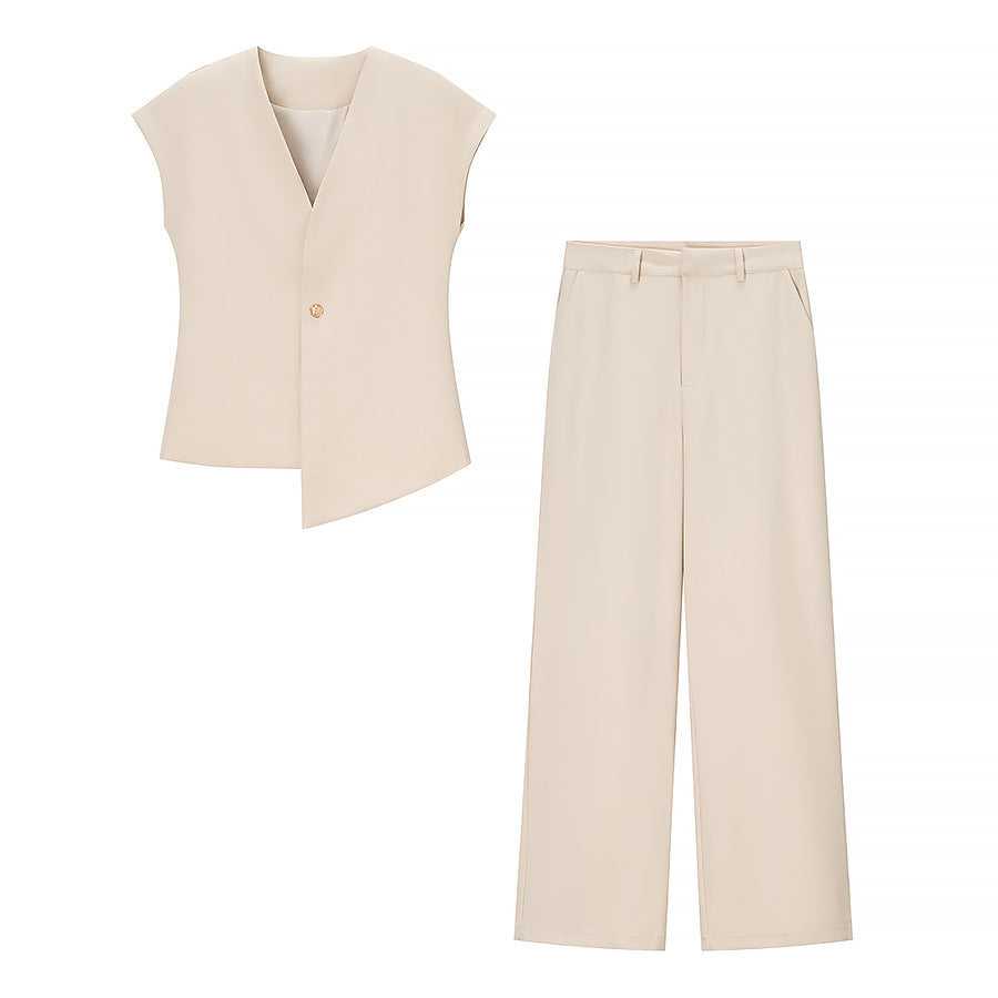 European And American Women's Clothing Button Top Wide Leg Pants Suit