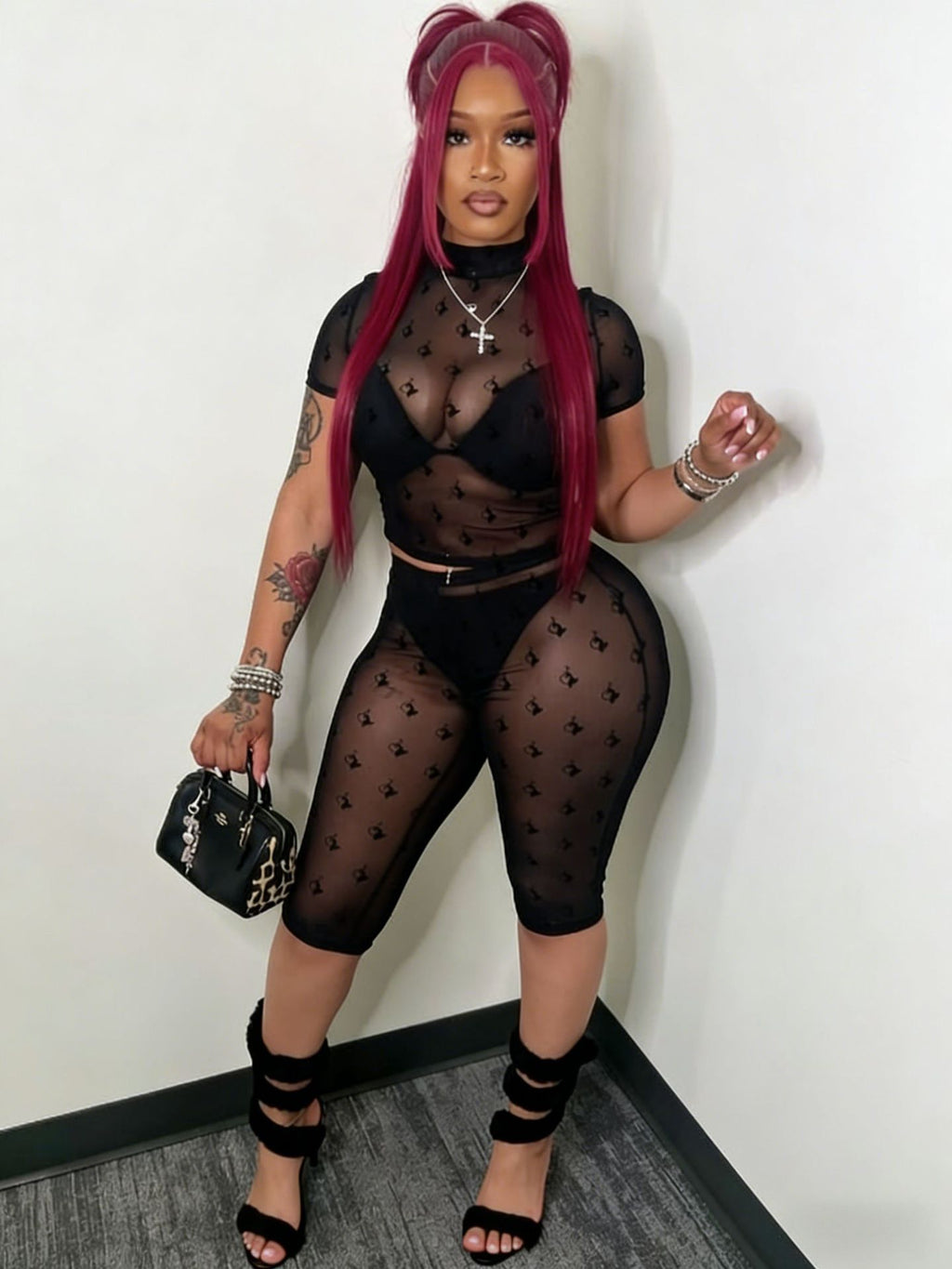 Women's Sexy Flocked Sheer Mesh Two-Piece Fashion Shorts Set