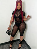 Women's Sexy Flocked Sheer Mesh Two-Piece Fashion Shorts Set