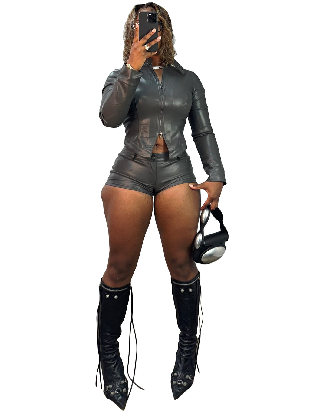 Fashion Women'S Leather Stand Collar Zipper Long Sleeve Top Shorts Two-Piece Set