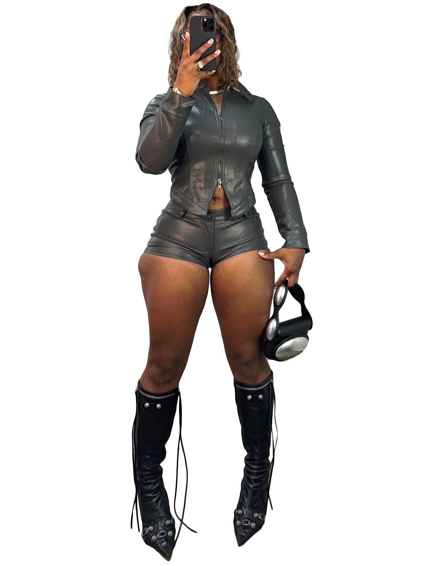 Fashion Women'S Leather Stand Collar Zipper Long Sleeve Top Shorts Two-Piece Set