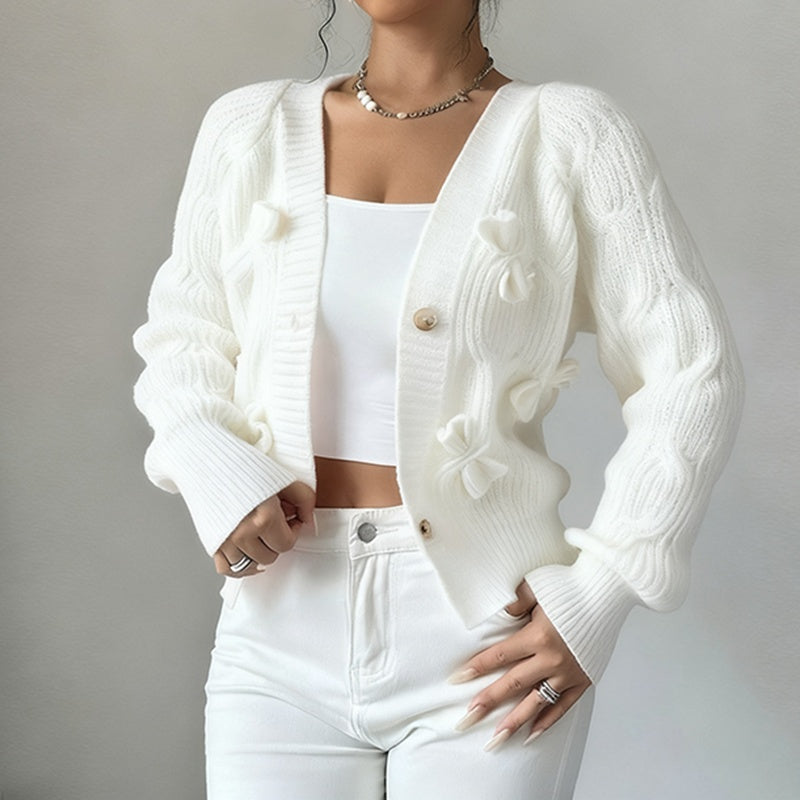 Women's Bow Cropped Cardigan - Long Sleeve V-Neck Button Down Knit Sweater Top