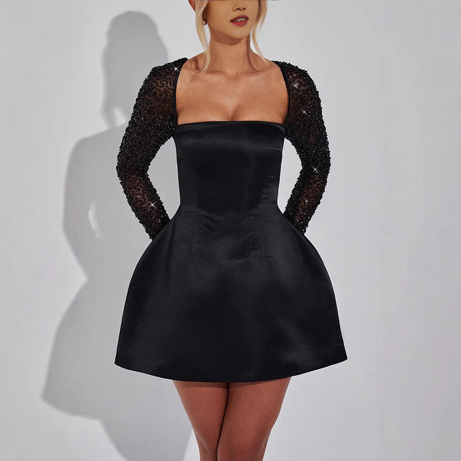 Sequined Long Sleeve Dress INS Casual Lace Up Women