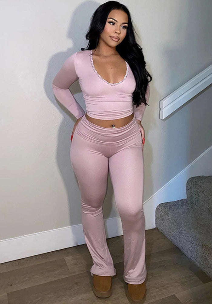 Women Sexy Lace Deep V-Neck Long Sleeve Pants Two-Piece Set