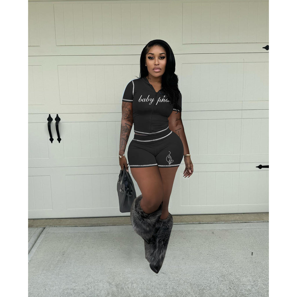 Summer Women High-Stretch Zip Hooded Casual Short Sleeve Top Shorts Two-Piece Set