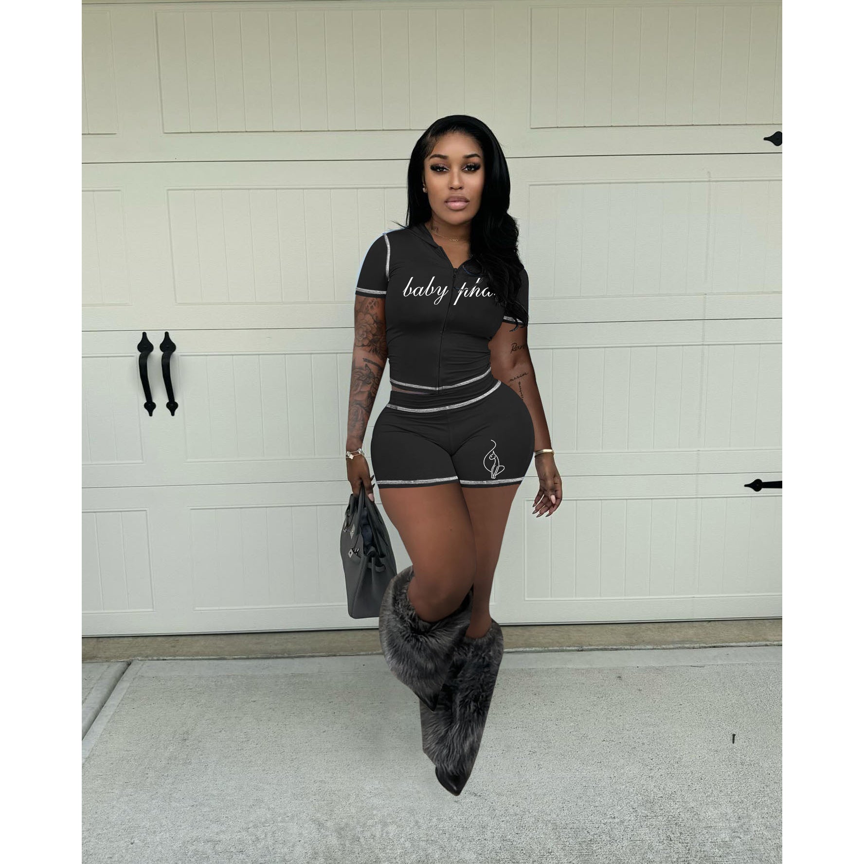 Summer Women High-Stretch Zip Hooded Casual Short Sleeve Top Shorts Two-Piece Set