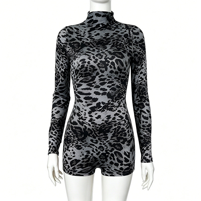 Women Sexy Round Neck Long-Sleeve Leopard Print Bodysuit