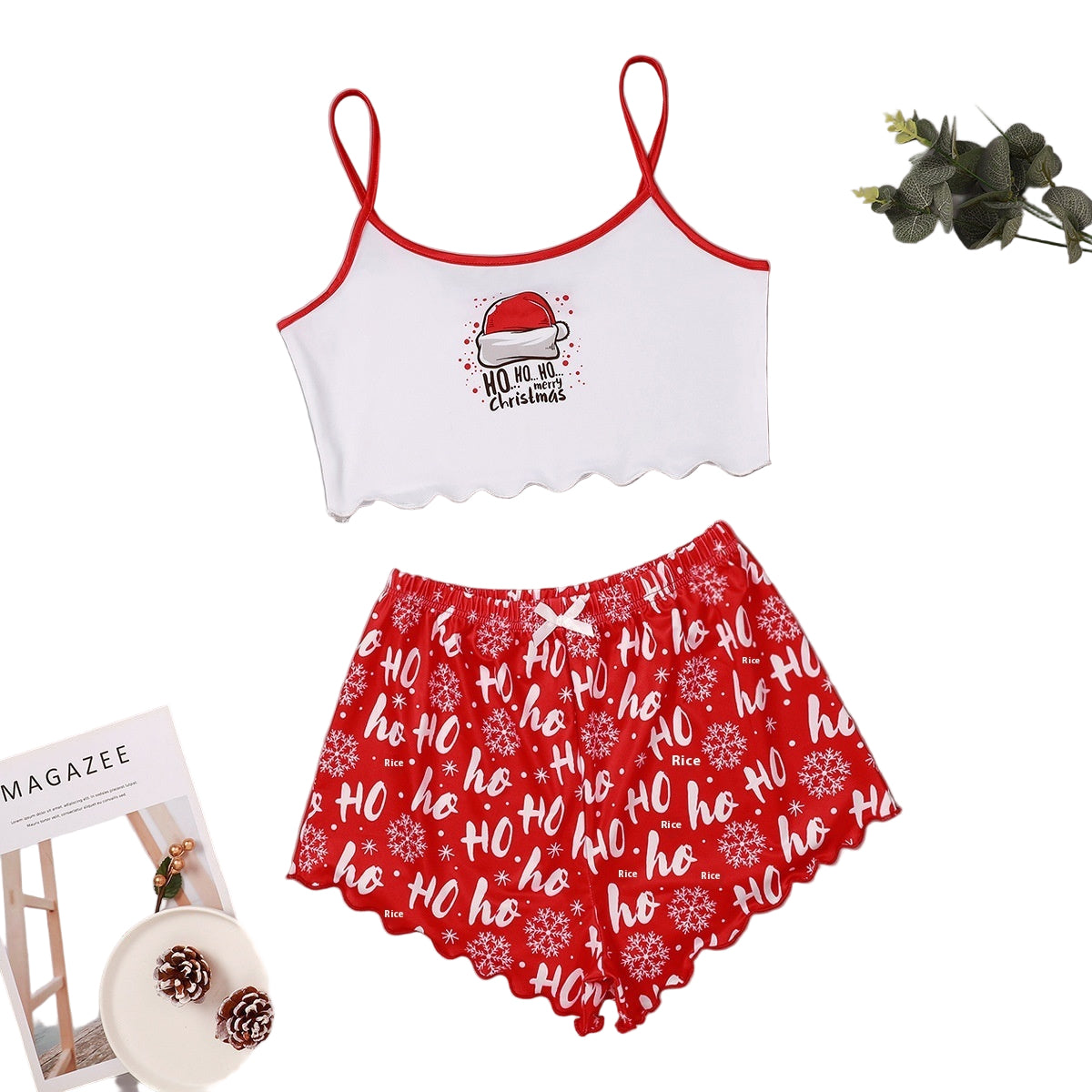 Women's Christmas Pajama Set - Sleeveless Shorts Silk Homewear