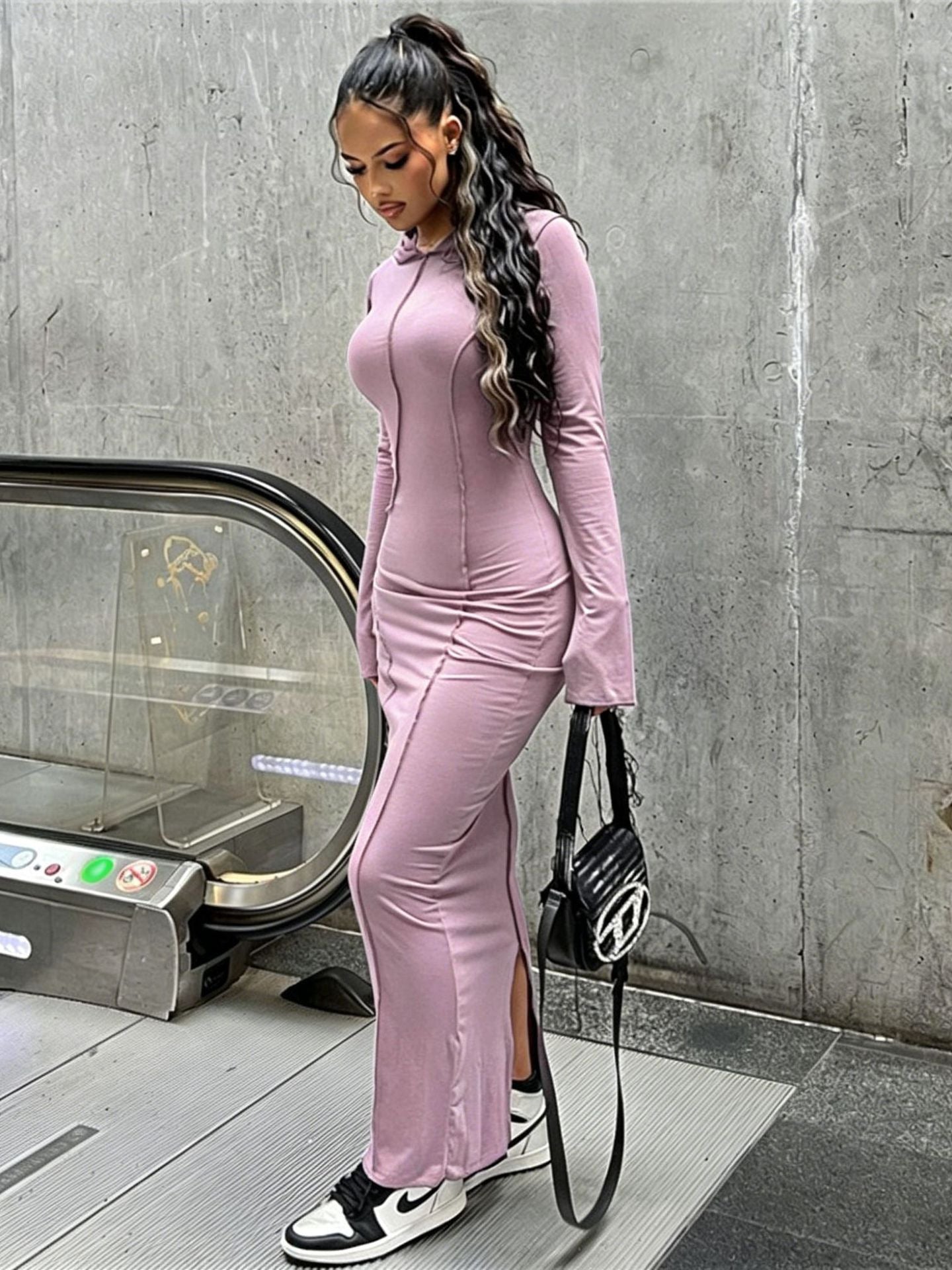 Women Casual Solid Hooded Slit Dress with Cuffs