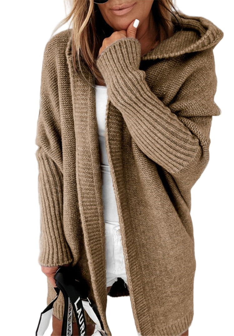 Women's Knitted Hooded Cardigan - Loose Batwing Sleeve Sweater
