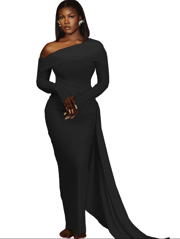 Women's Solid Color Dress With Diagonal Neckline Exposing One Shoulder Long Sleeve