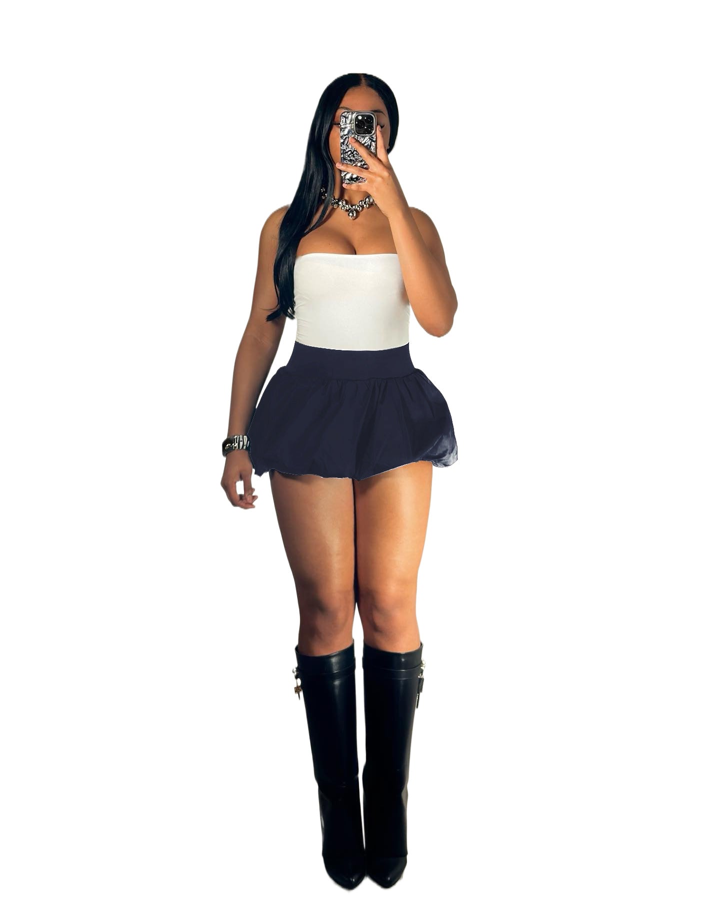Women's Solid Stretch Bubble Skirt — Pleated Mini Skirt
