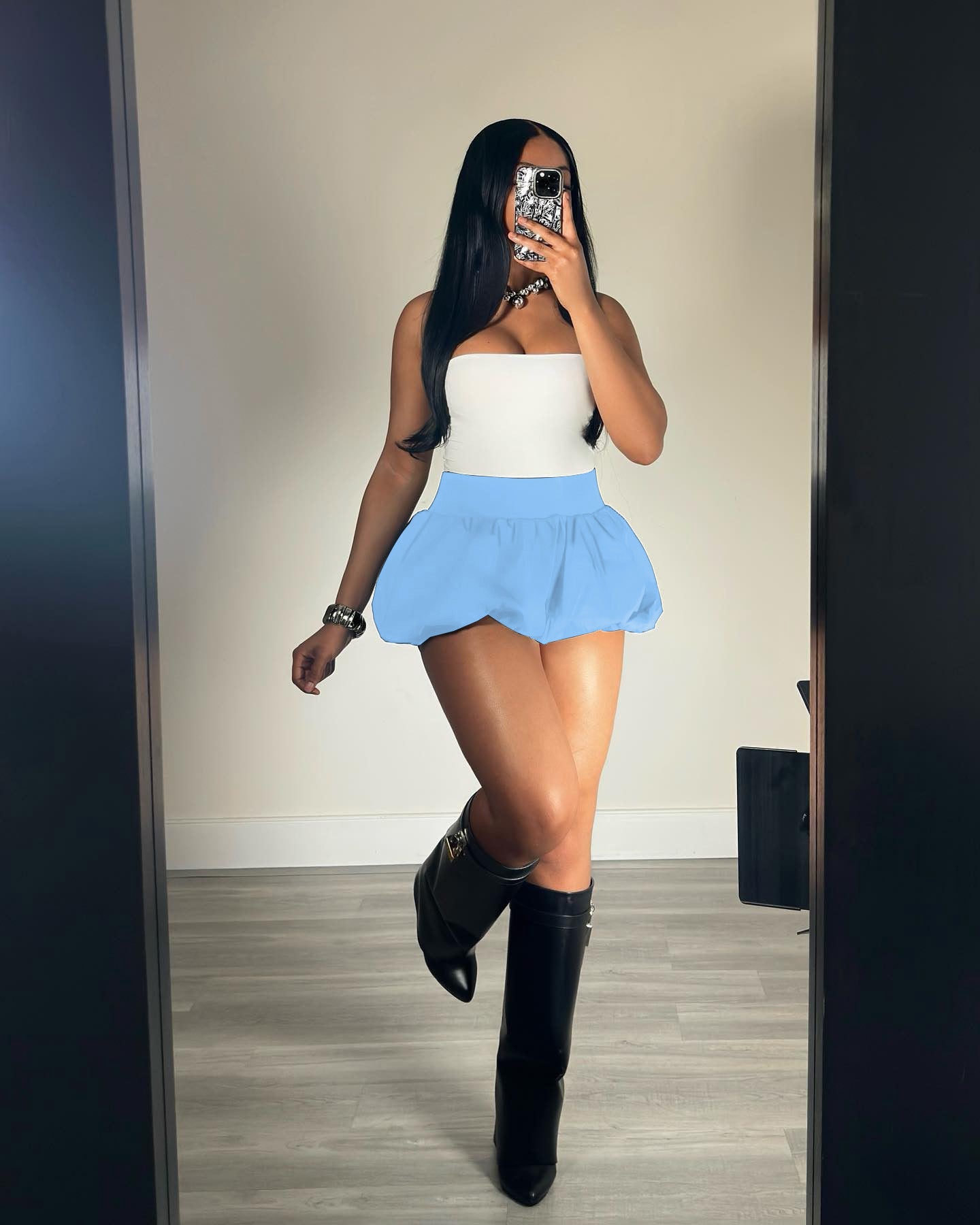 Women's Solid Stretch Bubble Skirt — Pleated Mini Skirt