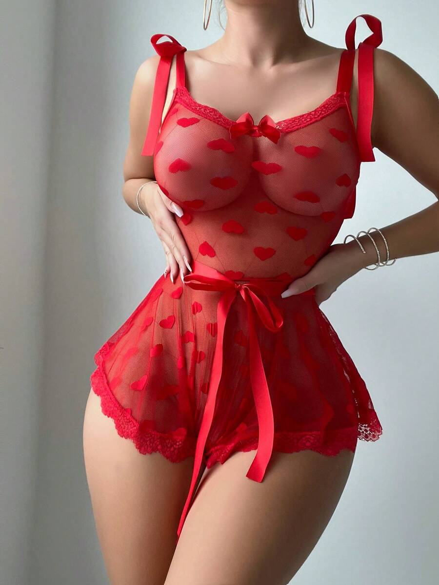 Women Heart Print Mesh Irregular Pearl Backless Nightdress Sexy Lingerie Set