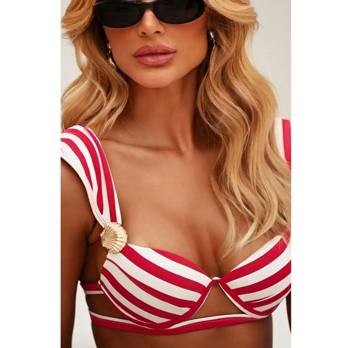 Women Suspender Ruffle Striped Print Lace-Up Bikini Swimwear Two Pieces