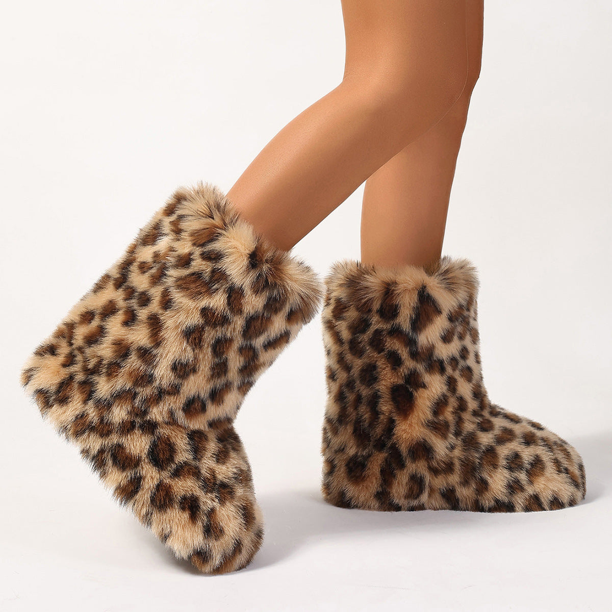Women Long Fur Boots Warm Thick-Soled Mid-Calf Boots Leopard Print Snow Boots