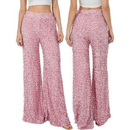 Women'S Spring Summer Casual Solid Color Sequin Mid-Waist Wide-Leg Pants