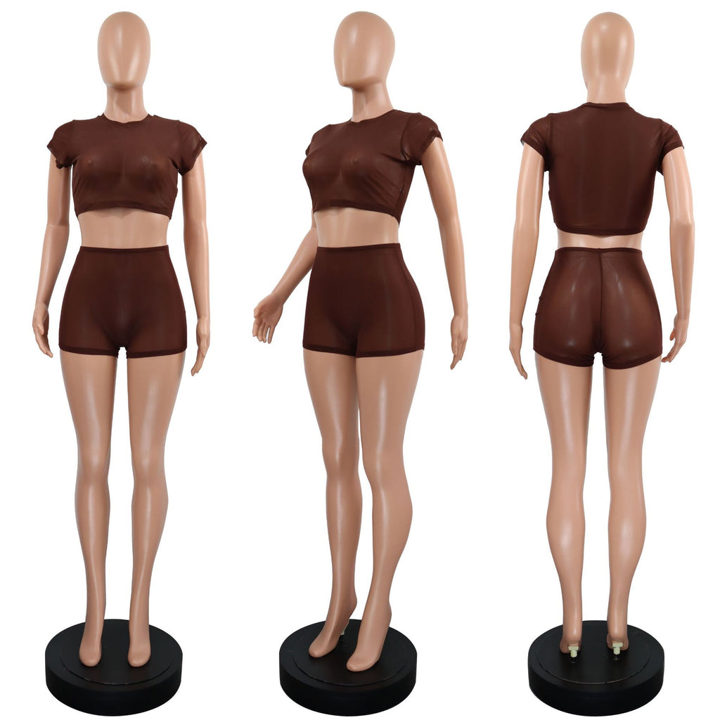 Women's Solid Short Sleeve Hollow Out Slim Fit Mesh Two-Piece Shorts Set