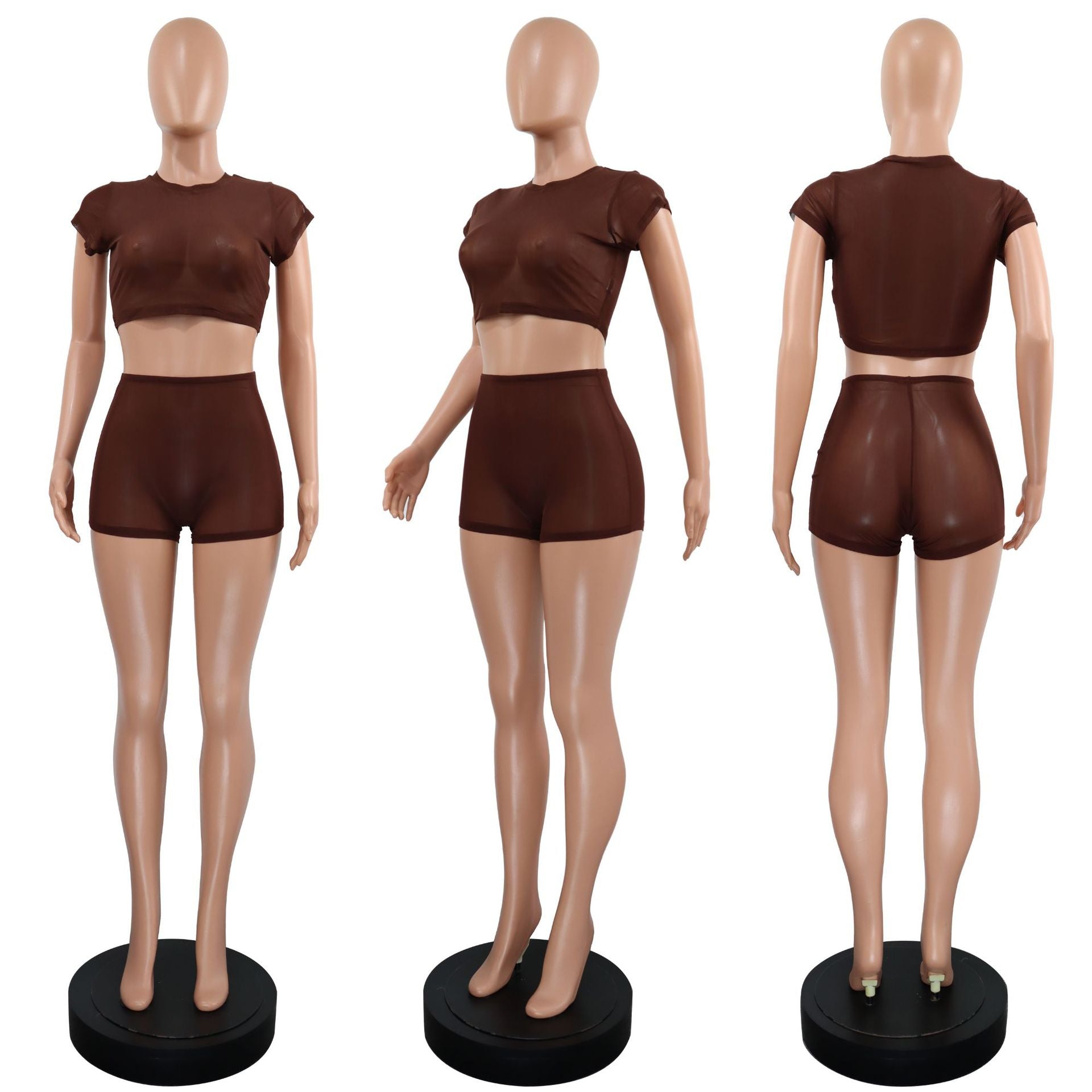 Women's Solid Short Sleeve Hollow Out Slim Fit Mesh Two-Piece Shorts Set