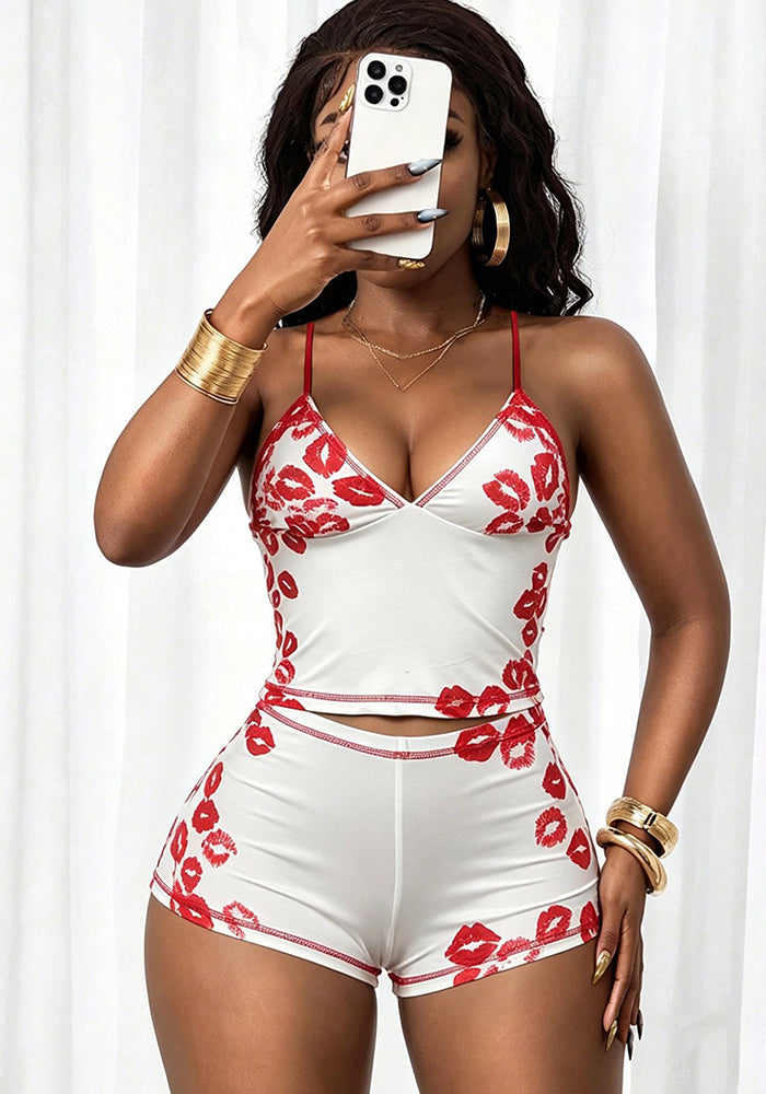 Women Summer Deep V Printed Camisole Vest Shorts Set - Infinite Luxe