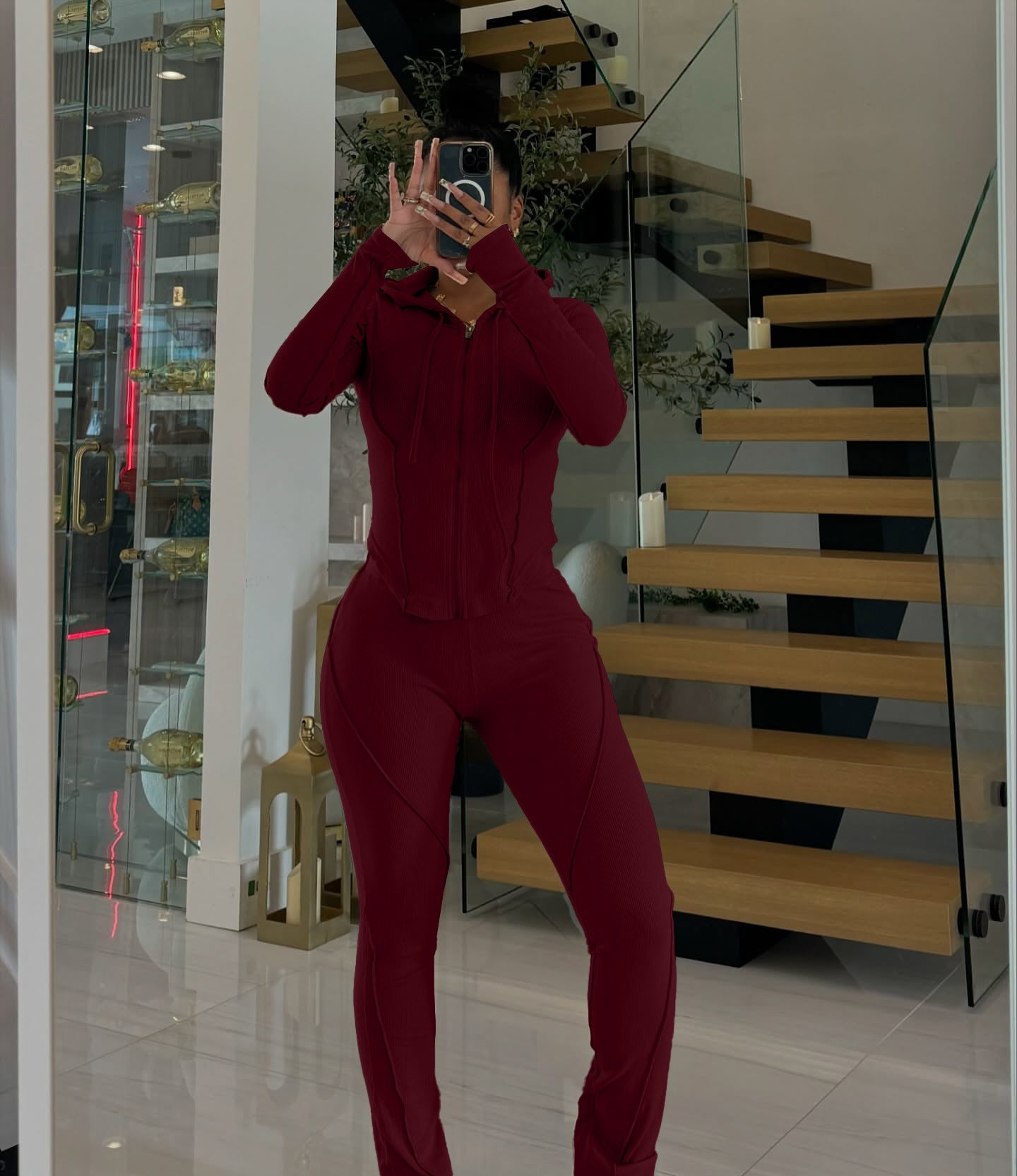 Women Autumn/Winter Ribbed Patchwork Casual Top And Pant Two-Piece Set