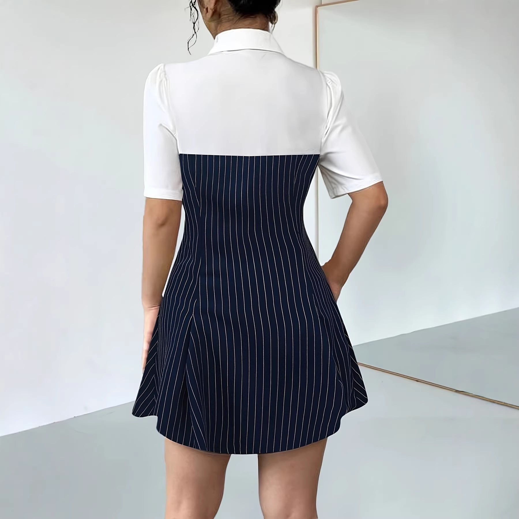Spring Summer Women Striped Patchwork Slim Waist A-Line Shirt Dress