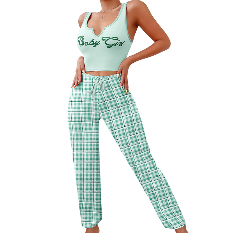 Women's Casual Pajama Set - Plaid Trousers & Letter Print Top