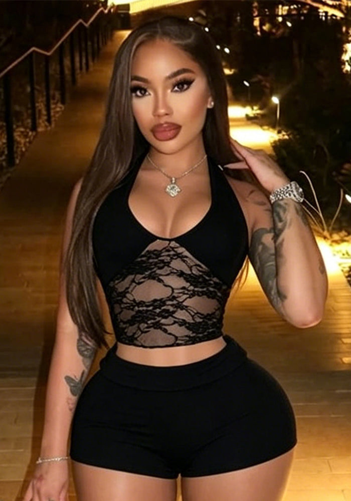 Women Summer Lace Patchwork Halter Neck Lace-Up Low Back Top & Shorts Set - Infinite Luxe