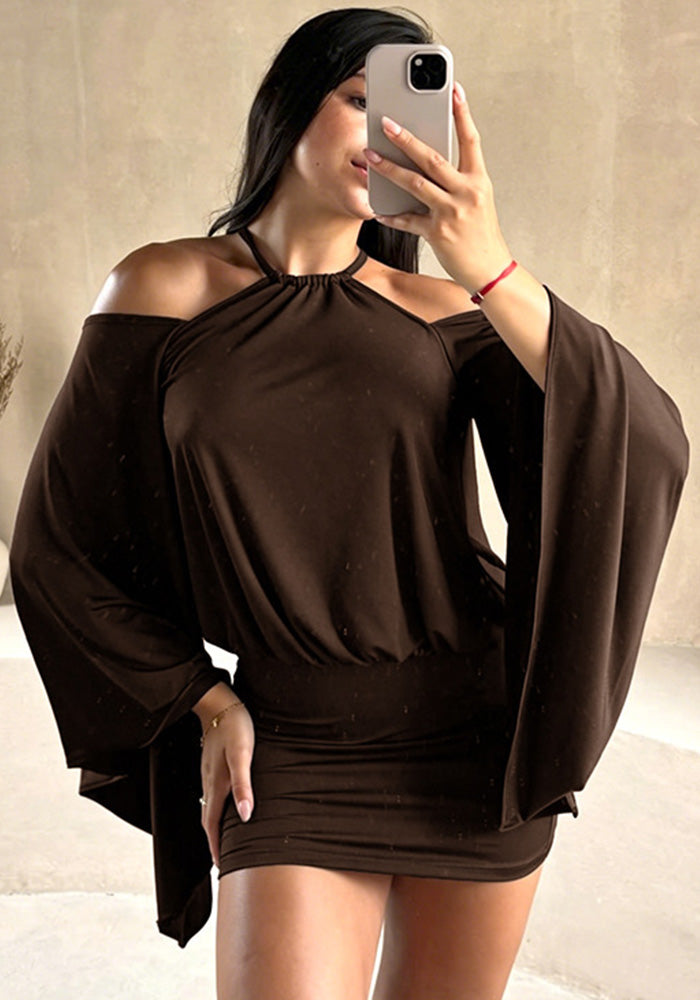 Summer Women's Solid Casual Halter Neck Bell-Bottom Sleeve Low Back Bodycon Mini Dress
