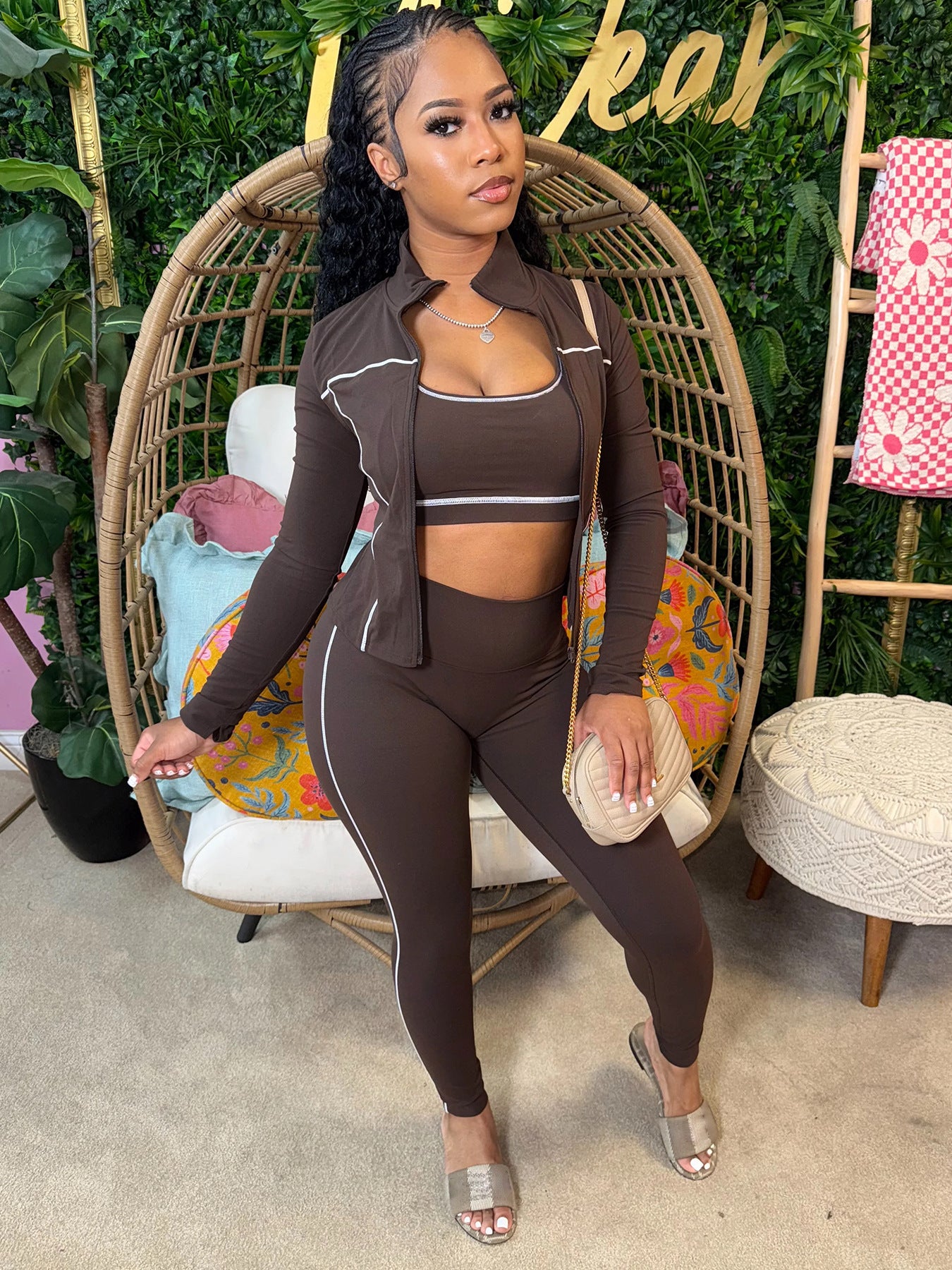 Women Zippered Thumb-Sleeve Long-Sleeved Top And Pants Three-Piece Set