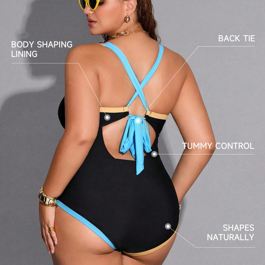 Plus Size Women Color Block Lace-Up One-Piece Swimwear