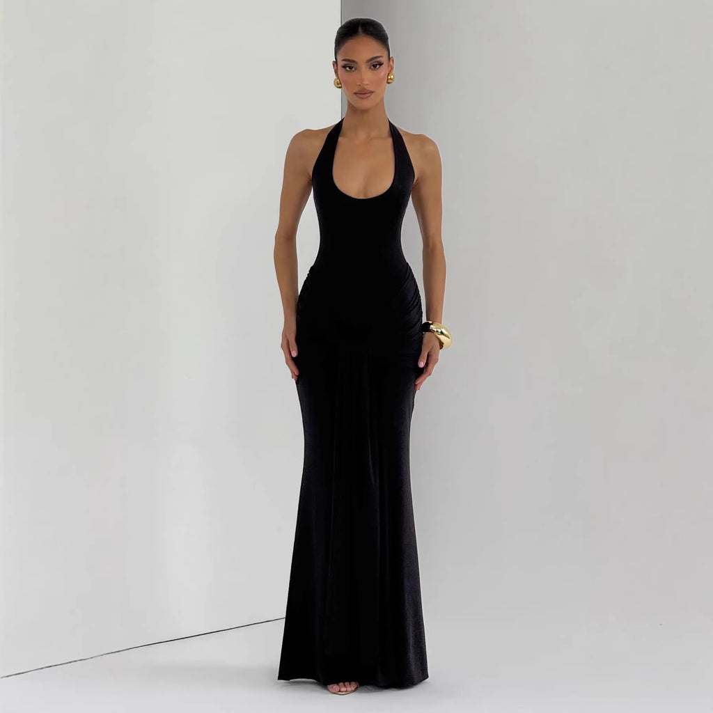 Spring Women U Neck Halter Neck Ribbon Patchwork Bodycon Long Dress