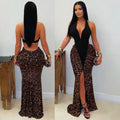 Women V-Neck Halter Neck Slit Patchwork Leopard Print Hollow-Out Dress