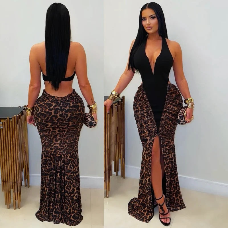 Women V-Neck Halter Neck Slit Patchwork Leopard Print Hollow-Out Dress