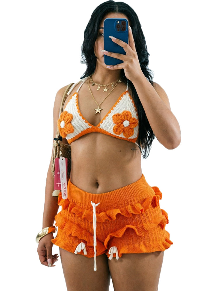 Women Summer Beach Crochet Set Ruffle Lace-Up Crop Top Shorts Casual Vacation Set - Infinite Luxe