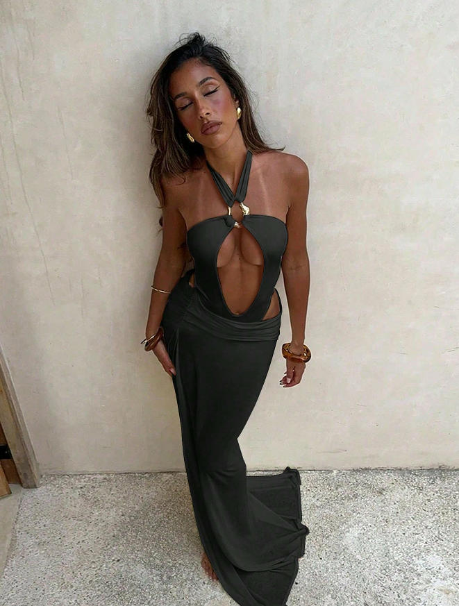 Women's Solid Sexy Hollow Halter Neck One-Piece Swimsuit Skirt Two-Piece Set
