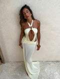 Women's Solid Sexy Hollow Halter Neck One-Piece Swimsuit Skirt Two-Piece Set