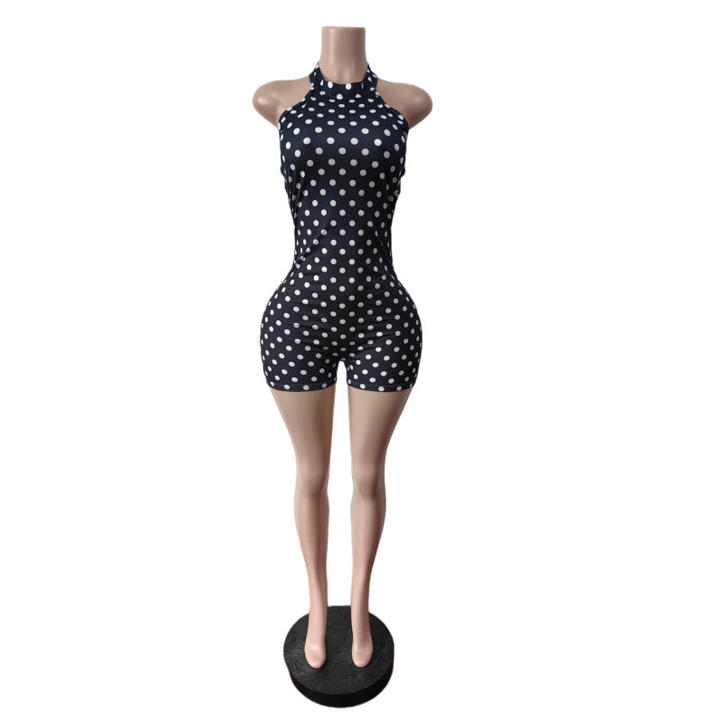 Women Halter Neck Printed Polka-Dot Slim Jumpsuit
