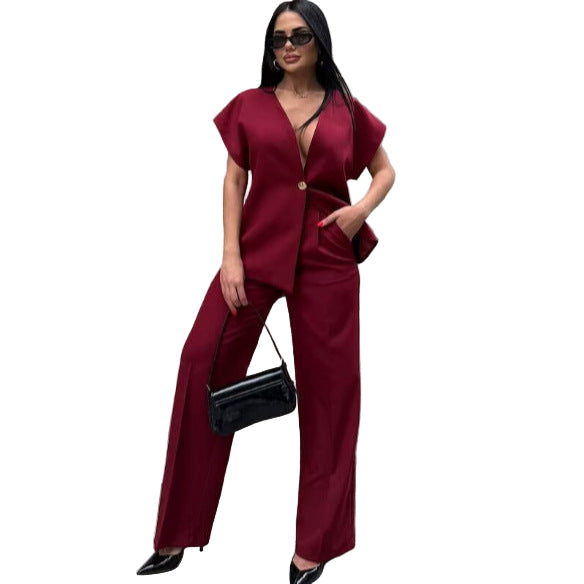 European And American Women's Clothing Button Top Wide Leg Pants Suit